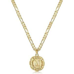 Gold Initial Pendant Necklace Figaro Chain A to Z Monogram Letter Jewelry